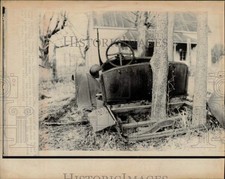 1973 Press Photo Model T Ford Parked For 38 Years Has Trees Growing In Frame.