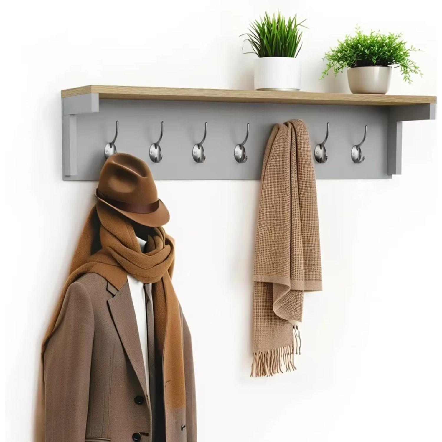 Grey Wall Mounted Coat Rack Shelf 80cm 7 Double Hooks Entryway Floating Hanger - Image 4