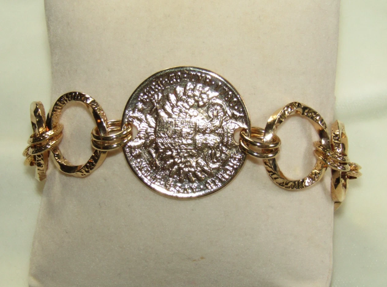 BELLEZZA LIRA COIN BRONZE CHAIN LINK BRACELET WITH FACETED BEAD CHARM 9" image 13
