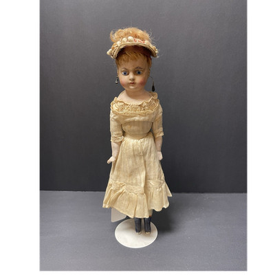 Antique Victorian Papier Mache Doll Blue Glass Eyes Original Dress Hat