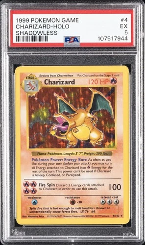 1999 POKEMON BASE SET SHADOWLESS #4 CHARIZARD-HOLO PSA 5