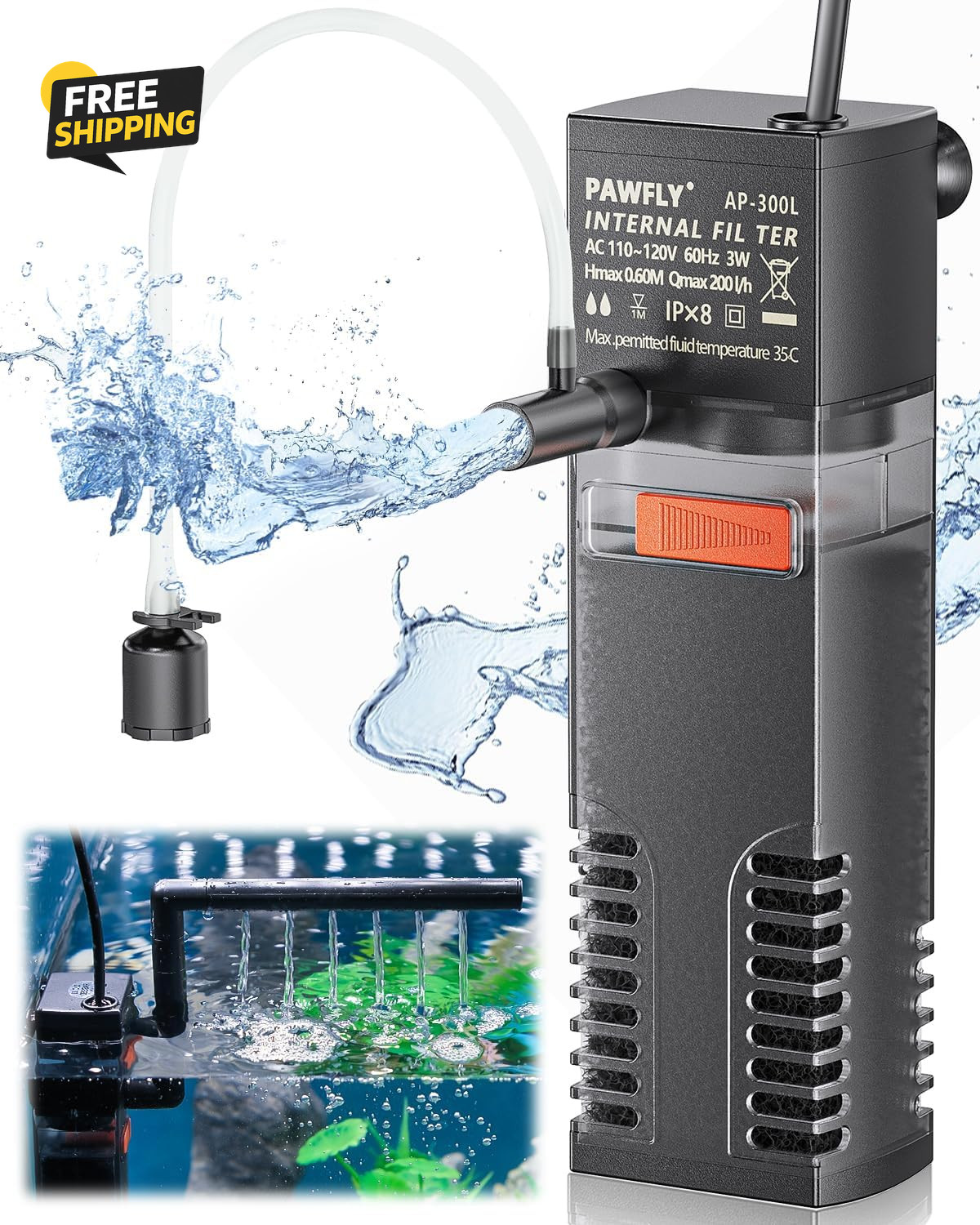 Internal Aquarium Filter, Submersible Power Filter with 55 GPH Water Pump