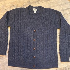 VTG LL Bean 100 Wool Sweater Cardigan Small Chunky Cable Knit Made In Ireland