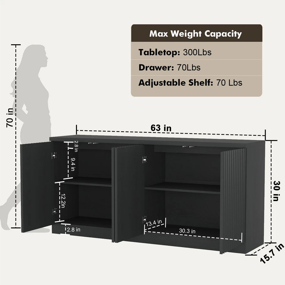 Fluted Sideboard with Storage 4 Doors & Adjustable Shelves  Large Buffet Cabinet - Image 2 of 4