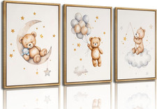 3Pcs Teddy Bear Nursery Wall Art Bear Sleeping on the Moon and Stars Wall Decor