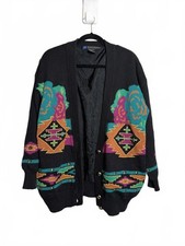 Vintage Aztec Tribal Print Oversize Black Cardigan