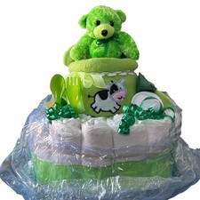 Green Diaper Cake Baby Shower Gift Teddy Bear Cow Blanket Baby Essentials NEW