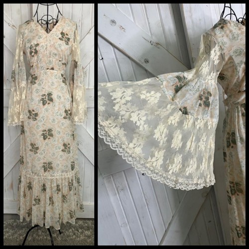 70s Vintage Green Peach Floral Prairie Angel Bell Sleeve Maxi Dress WOUNDED BIRD