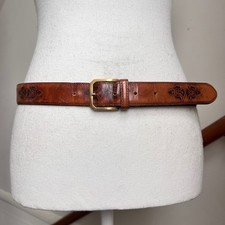 Vintage Ermenegildo Zegna Tooled Leather Belt Brown Womens Gold Buckle Cognac