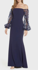 ELIZA J Navy Off the Shoulder 3D Sheer Sleeve Scuba Crepe Maxi Gown Dress 8 M
