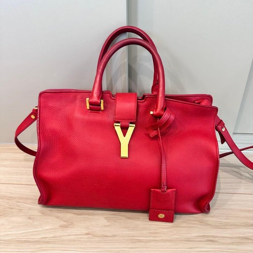 YSL Saint Laurent Cabas 2way Handbag Shoulder Bag Pink Leather Y-Line Women's