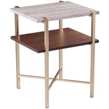 Maklaine Transitional Faux Marble Top End Table in White and Tobacco