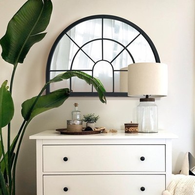 Black Arched Window Pane Semi-Round Mirror - Farmhouse Mantel Half Circle Mir...