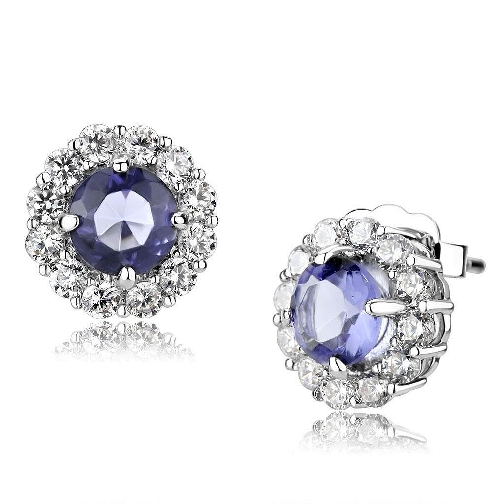 Rhodium-plated brass stud earrings with synthetic tanzanite glass-image