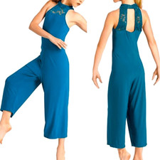 WEISSMAN Dance Costume unitard jumpsuit teal lace Open Hands 12372 adult SA