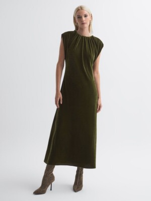 Florere By Reiss Velvet Tie Neck Midi Dress in Olive Green UK Size