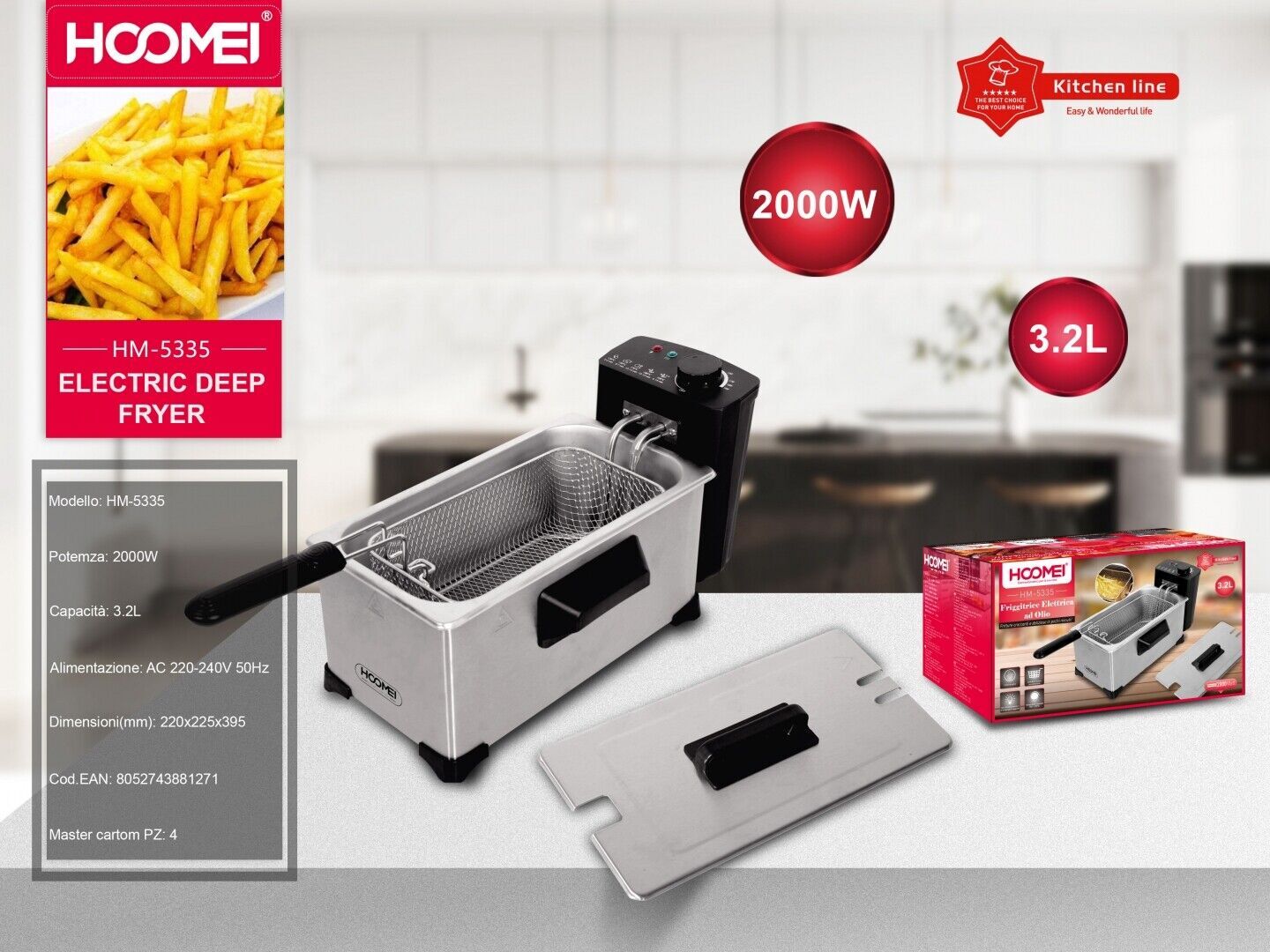 Friggitrice Elettrica Con Olio 2000W Macchina Frittura a Immersione 3.2L HM-5335