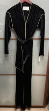 Evelyn Pearson Vintage 60s Black Velour Gold Trim One Piece Pant Jumpsuit Size P