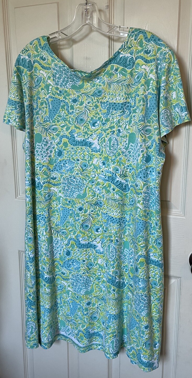 VTG Key West Hand Print Fashions Green Jungle Print Cotton T Shirt Dress XL RARE image 5