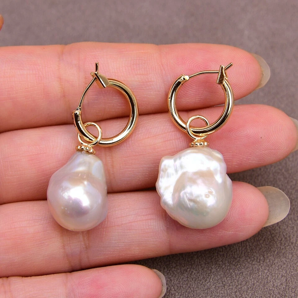 Cultured White Keshi Baroque Pearl Stud Earrings Gold Plated Hook Classic Lady - Image 2 of 4