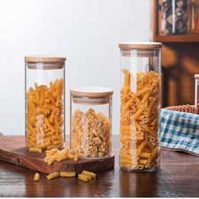 Set of 4 Large Bamboo Glass Jars Spaghetti Storage Food Rice Pasta Jars Airtight