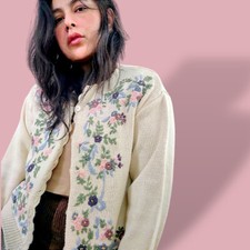 Vintage 90s cottage core floral pastel embroidered knit granny cardigan M