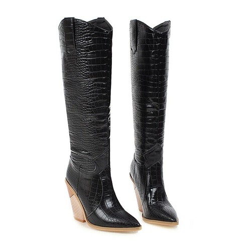 Botas altas de cuero sintético con punta puntera puntiaguda tacones de bloque tirón hasta rodilla delgadas EE. UU. 5-13 - Imagen 21 de 28