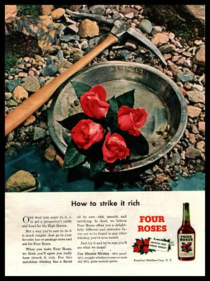 1947 Four Roses Whiskey Prosector Pick Axe Gold Rush Miner Pan Vintage Print Ad