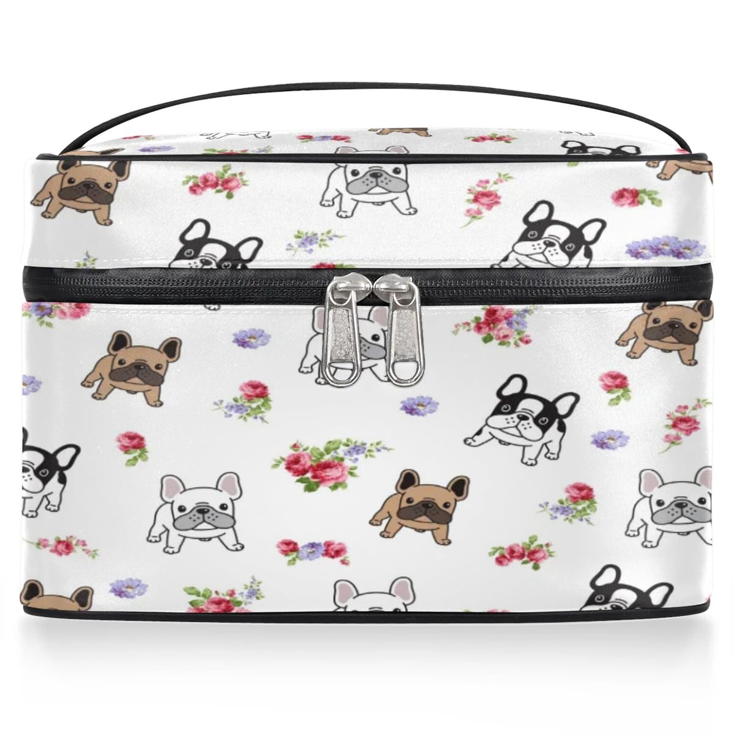 French Bulldog Flower Makeup Bag for Women Large Portable Cosmetic Case