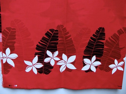 Red and White Floral Hawaiian Border Print Fabric 1 Yard Piece 45” Wide - Picture 5 of 8