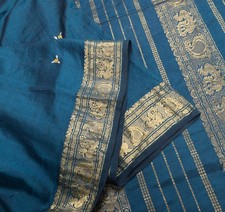 Sushila Vintage Teal Blue Kanjivaram Saree Zari Brocade Pure Cotton Silk Sari