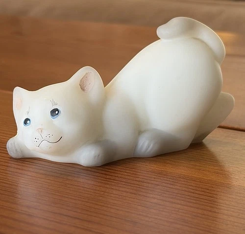 FENTON Opal Satin Glass "Pouncing Kitten" Figurine by JK Spindler Collectible A+