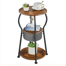 Small Round Side Table with Storage Bag, 3-Tier Accent D - 11.8 in Rustic Brown