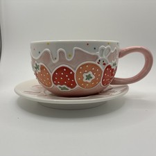 Pink Strawberry Embossed Ceramic Cup & Saucer Set 2-Piece w/ Handle