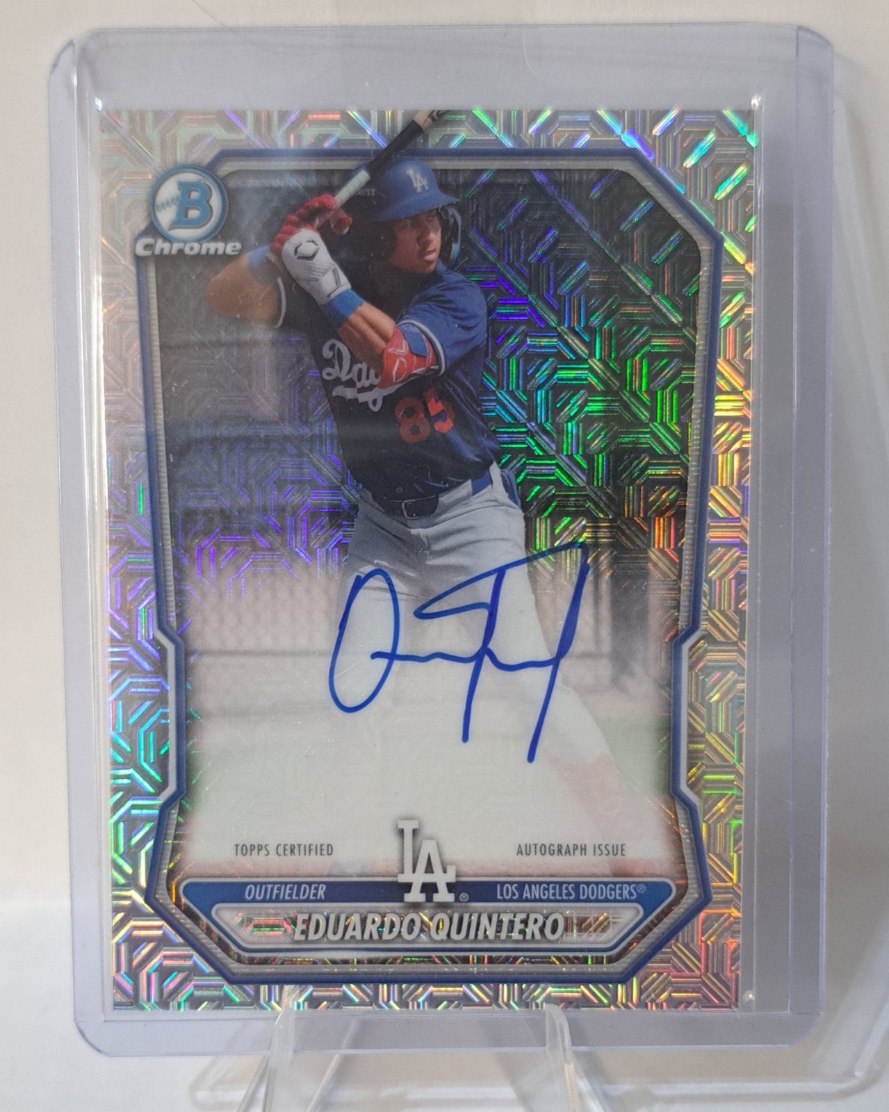 2026 Bowman Chrome Eduardo Quintero Chrome Auto #CPA-EQ Dodgers Mojo Refractor view 1