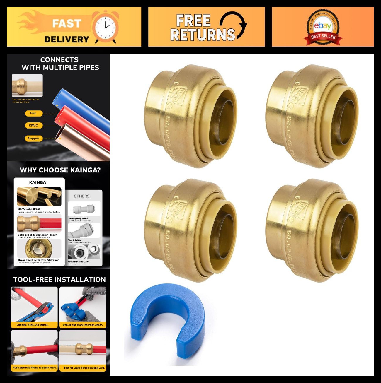 Push Fit End Cap 1/2" - Brass Plumbing Fitting, Durable Push Cap for Copper, CPV