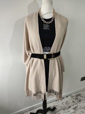 M&S Womens Cape Poncho Beige Camel Knit Winter Shawl Tassels One Size Casual 