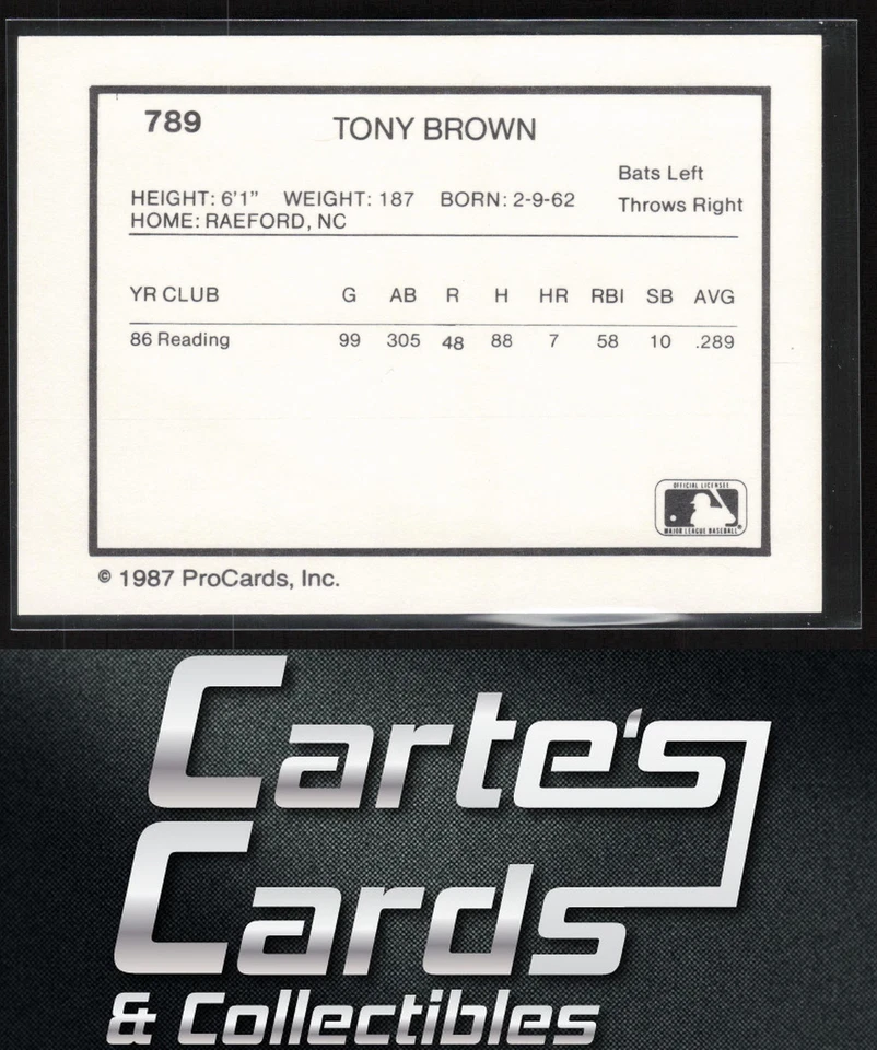 Tony Brown 1987 ProCards #789 Reading Phillies - Image 2 of 2