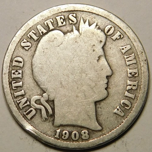1908 D Barber Dime G-VG  90% Silver   "Actual Coin Pictured- Not Cleaned"