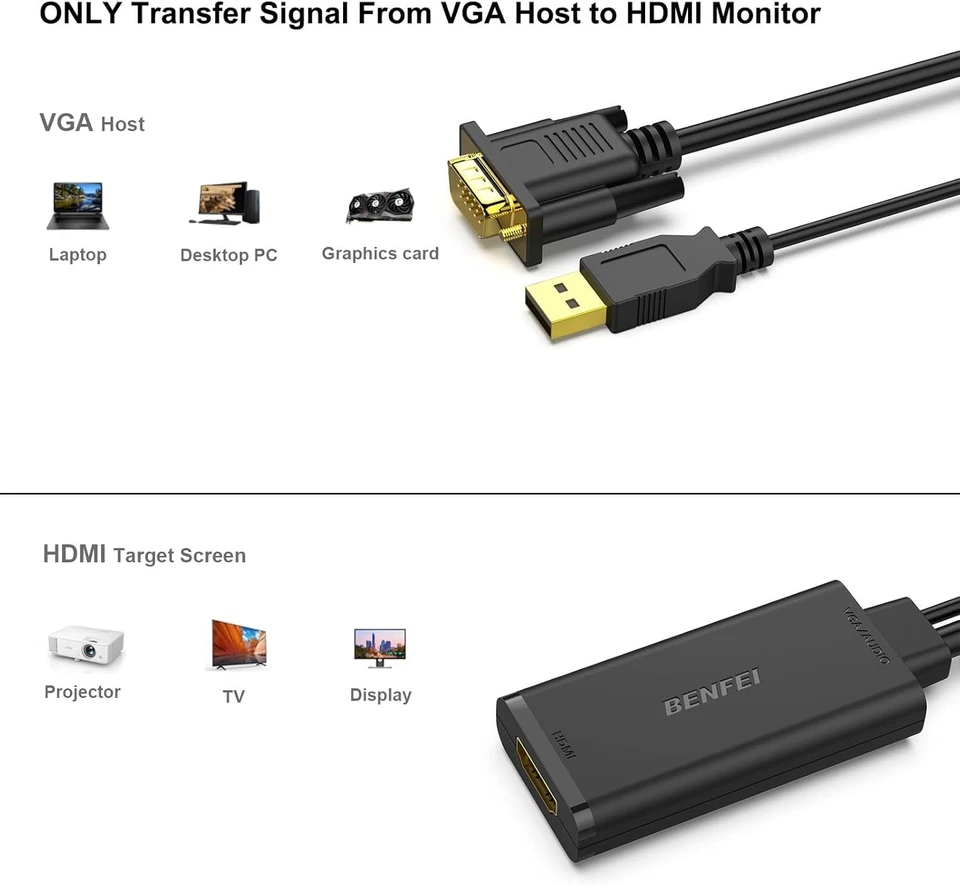 BENFEI VGA Eingang zu HDMI Ausgang Adapter, 1080P Unidirektional Konverter - Bild 3 von 4