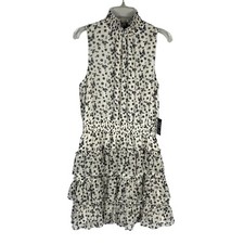 NWT Express Sleeveless White Black Flowers Ruffle Dress Smocking Women’s Size M