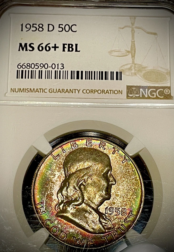 1958-D Franklin Half Dollar MS66+ FBL NGC with Rainbow Toning - Image 4 of 4