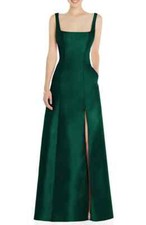 Alfred Sung Hunter Green Square Neck Satin A-Line Gown Size 20 $261 D826