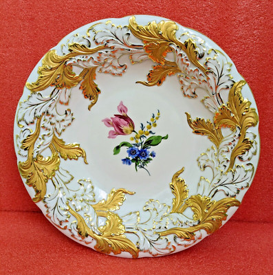 Vintage 12'' Meissen Centerpiece Serving Bowl: Rococo, Heavy Gold Leaves,2nd Q-ty