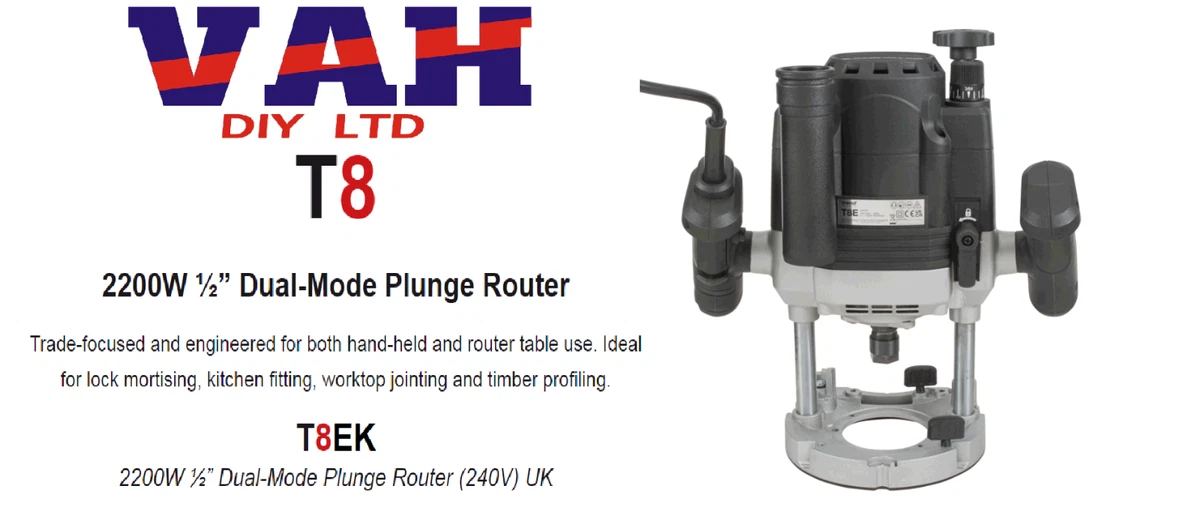 Trend T8EK 240V 1 2in Router 80mm Deep Plunge Cut 2200W Router Table Compatible