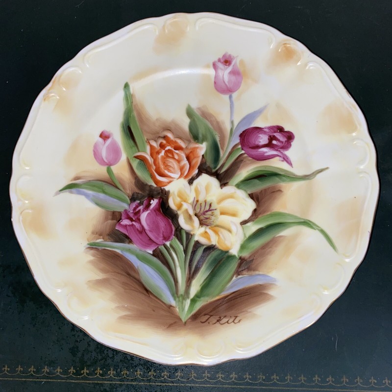 Hand Painted Plate Roses Gold Gild Wall Hanging Yellow Vintage Signed T Kita