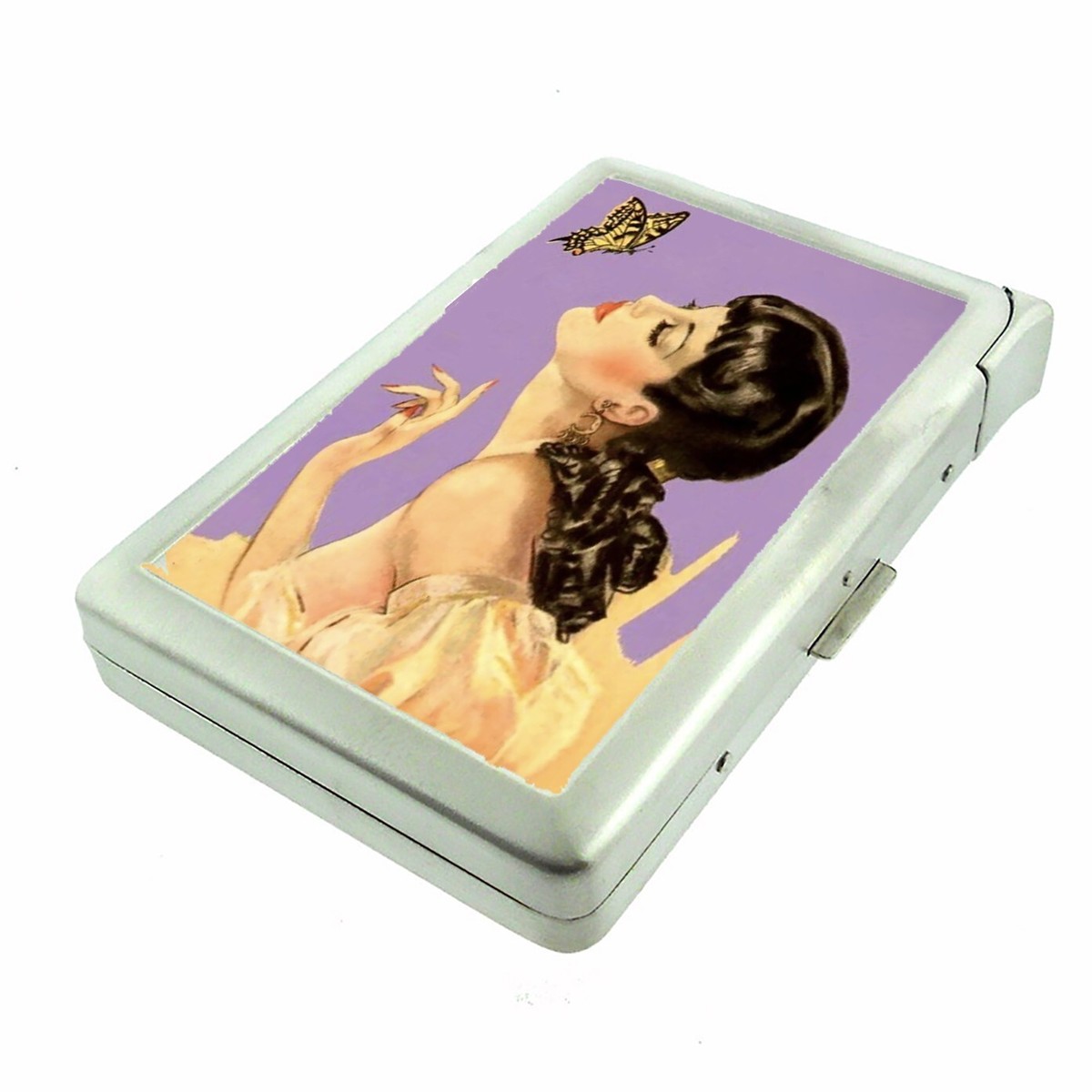 pin up cigarette case Butterfly Pin Up Mariposa 100's Size Cigarette Case w/lighter Metal Wallet