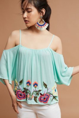 $158 Piper by Townsen Anthropologie Ariana Open Shoulder Embroidered Top XS A984