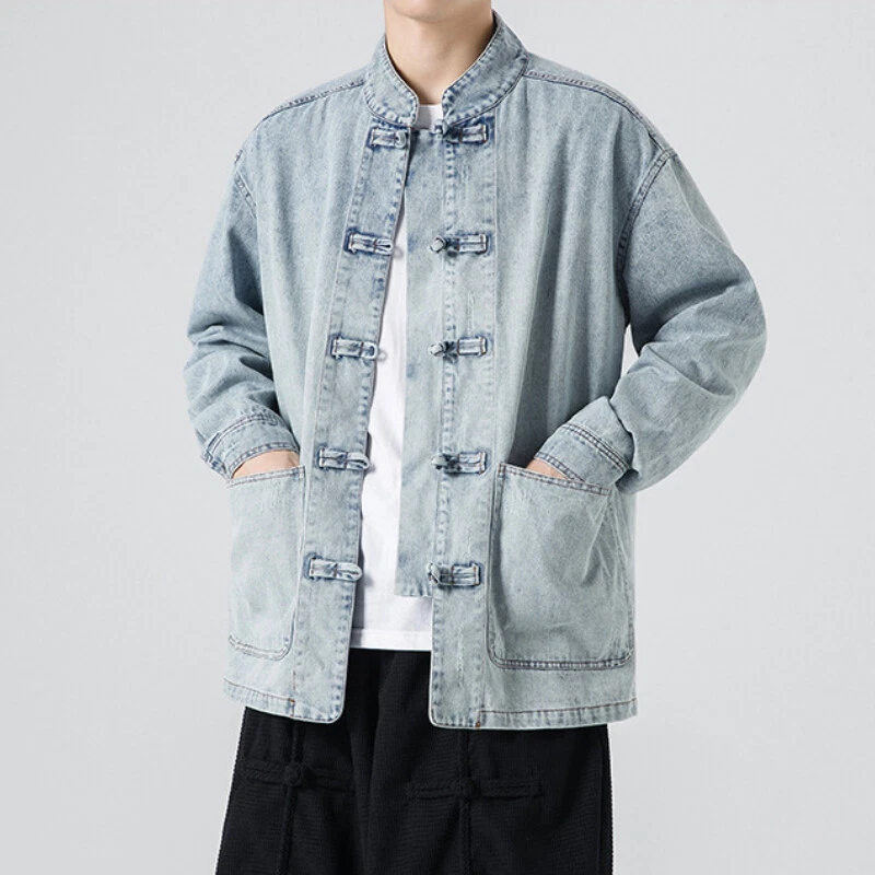 Chinese collar denim jacket for mens sale
