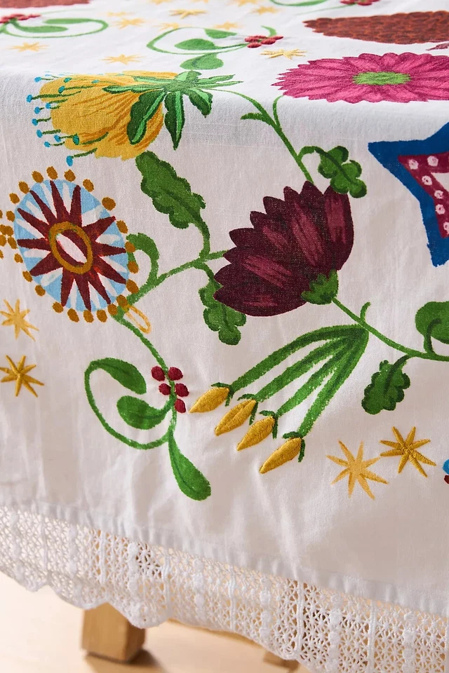 Anthropologie Cassiopeia Cotton Tablecloth Embroidered Accents Lace Floral NEW - Image 3 of 3